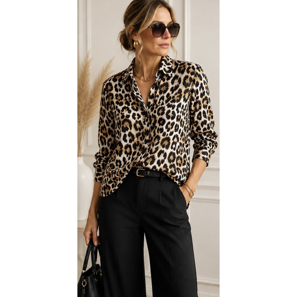 Chico’s Leopard Print Button Down Blouse Womens Size 1 M 8 10 100% Modal Animal